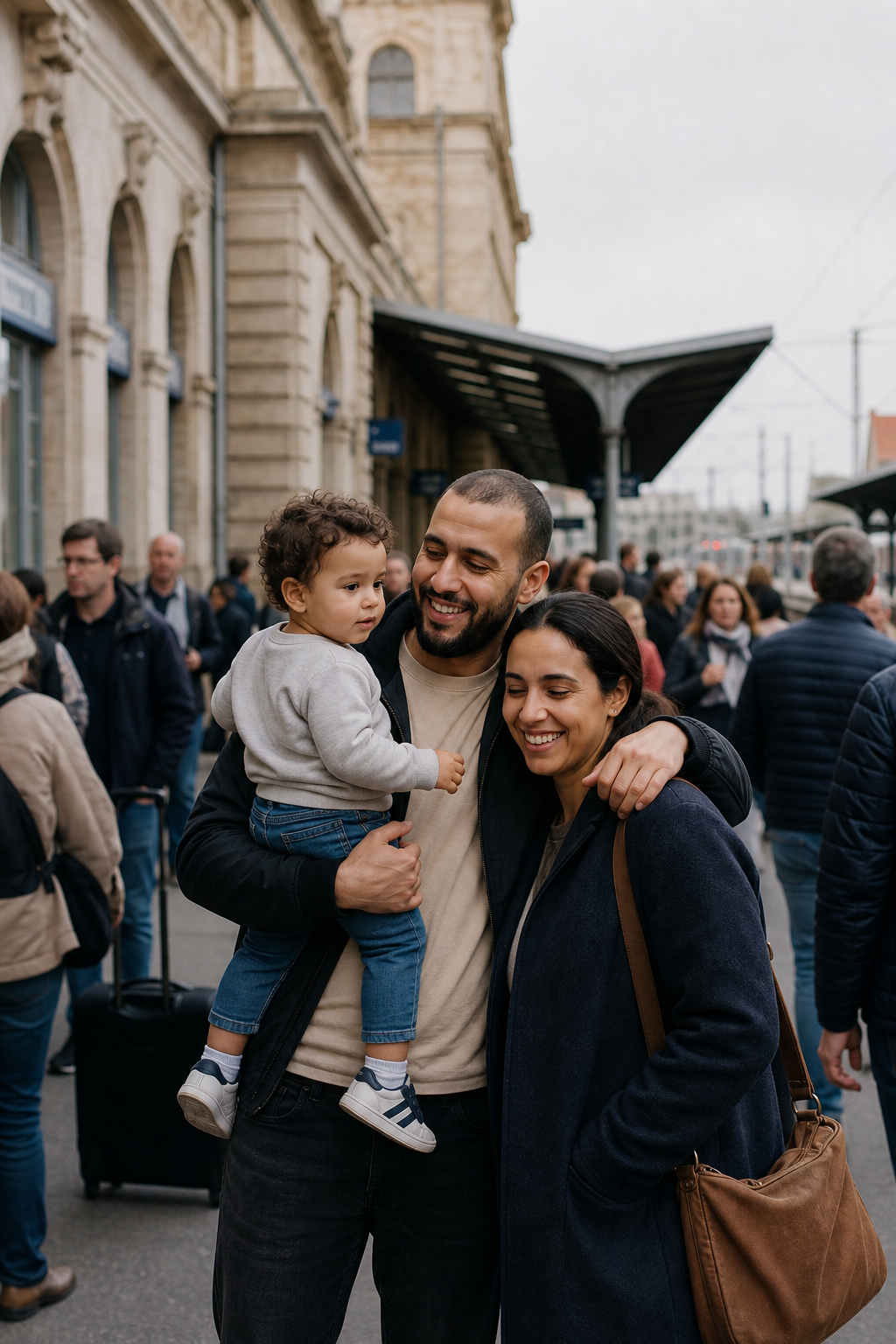 A smiling family together at a European train station